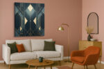 Geometric diamond and chevron art deco pattern in deep navy and warm gold, bold wall art canvas for living room