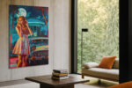 Woman and 1950s Chevrolet-style car at a moonlit diner, bold pop-art retro illustration canvas for living room