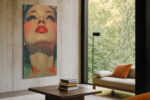 Woman's face with red lips and floral hair, paint drip mixed-media portrait canvas for bedroom or living room
