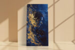 Side-profile figure with gold paint splatter on deep royal blue, bold art deco digital art canvas for living room