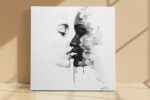 Two faces nearly kissing in black and white mixed-media portrait, ink drips dissolving, romantic moody wall art canvas