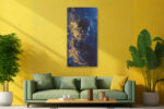 Side-profile figure with gold paint splatter on deep royal blue, bold art deco digital art canvas for living room