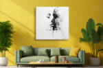 Two faces nearly kissing in black and white mixed-media portrait, ink drips dissolving, romantic moody wall art canvas