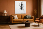 Two faces nearly kissing in black and white mixed-media portrait, ink drips dissolving, romantic moody wall art canvas