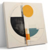 Bold geometric abstract shapes in amber orange, steel teal and near-black on warm off-white u2014 contemporary canvas wall art