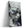 Fractured porcelain humanoid face in slate blue and off-white, moody digital portrait canvas art for living room