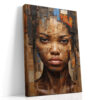Woman's face assembled from reclaimed wood plank strips, warm walnut and burnt orange tones, mixed media portrait canvas art