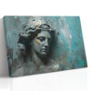 Classical Greco-Roman female bust with paint drips in muted teal and gold-ochre, moody digital art canvas for living room