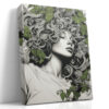 Female figure with botanical vines and green flowers, monochrome illustration canvas print for bedroom or hallway
