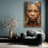 Woman's face assembled from reclaimed wood plank strips, warm walnut and burnt orange tones, mixed media portrait canvas art