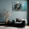 Classical Greco-Roman female bust with paint drips in muted teal and gold-ochre, moody digital art canvas for living room