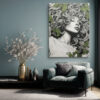 Female figure with botanical vines and green flowers, monochrome illustration canvas print for bedroom or hallway