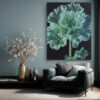 Glowing ruffled flower in mint green and teal on near-black background, botanical digital art canvas for living room