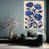 Four cobalt and navy poppy blooms in linocut illustration style, blush peach background, botanical wall art canvas print