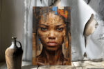 Woman's face assembled from reclaimed wood plank strips, warm walnut and burnt orange tones, mixed media portrait canvas art