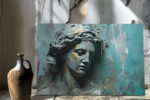 Classical Greco-Roman female bust with paint drips in muted teal and gold-ochre, moody digital art canvas for living room