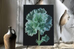 Glowing ruffled flower in mint green and teal on near-black background, botanical digital art canvas for living room