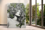 Female figure with botanical vines and green flowers, monochrome illustration canvas print for bedroom or hallway