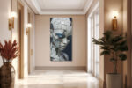 Fractured porcelain humanoid face in slate blue and off-white, moody digital portrait canvas art for living room