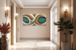 Abstract figure-eight acrylic canvas in deep teal, amber, and rust u2014 bold panoramic wall art for living room or home office