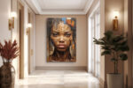 Woman's face assembled from reclaimed wood plank strips, warm walnut and burnt orange tones, mixed media portrait canvas art