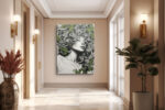 Female figure with botanical vines and green flowers, monochrome illustration canvas print for bedroom or hallway