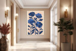 Four cobalt and navy poppy blooms in linocut illustration style, blush peach background, botanical wall art canvas print