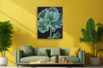 Glowing ruffled flower in mint green and teal on near-black background, botanical digital art canvas for living room