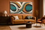 Abstract figure-eight acrylic canvas in deep teal, amber, and rust u2014 bold panoramic wall art for living room or home office