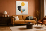 Bold geometric abstract shapes in amber orange, steel teal and near-black on warm off-white u2014 contemporary canvas wall art