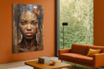 Woman's face assembled from reclaimed wood plank strips, warm walnut and burnt orange tones, mixed media portrait canvas art