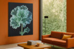 Glowing ruffled flower in mint green and teal on near-black background, botanical digital art canvas for living room