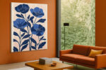 Four cobalt and navy poppy blooms in linocut illustration style, blush peach background, botanical wall art canvas print