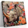 Rhinoceros head with roses and pink peonies, digital art floral wildlife canvas for bohemian living room