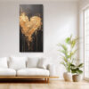 Bold gold impasto heart with paint drips on near-black background, dramatic romantic canvas wall art for bedroom