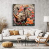 Rhinoceros head with roses and pink peonies, digital art floral wildlife canvas for bohemian living room