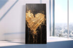 Bold gold impasto heart with paint drips on near-black background, dramatic romantic canvas wall art for bedroom