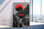 Two red circular orbs over greyscale mountain canyon, bold mixed-media wall art canvas for living room or home office