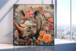 Rhinoceros head with roses and pink peonies, digital art floral wildlife canvas for bohemian living room