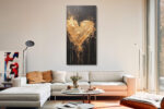 Bold gold impasto heart with paint drips on near-black background, dramatic romantic canvas wall art for bedroom