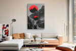 Two red circular orbs over greyscale mountain canyon, bold mixed-media wall art canvas for living room or home office