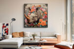 Rhinoceros head with roses and pink peonies, digital art floral wildlife canvas for bohemian living room