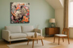 Rhinoceros head with roses and pink peonies, digital art floral wildlife canvas for bohemian living room