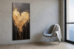 Bold gold impasto heart with paint drips on near-black background, dramatic romantic canvas wall art for bedroom