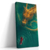 East Asian serpentine dragon in golden amber and deep teal over red-robed figure, dramatic fantasy portrait canvas