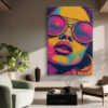 Woman's close-up pop art portrait in amber, magenta and teal, bold halftone illustration canvas for living room