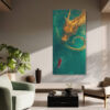 East Asian serpentine dragon in golden amber and deep teal over red-robed figure, dramatic fantasy portrait canvas