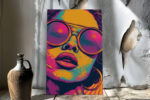 Woman's close-up pop art portrait in amber, magenta and teal, bold halftone illustration canvas for living room
