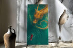 East Asian serpentine dragon in golden amber and deep teal over red-robed figure, dramatic fantasy portrait canvas