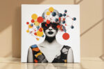 Monochrome woman with colorful geometric sphere network in red, yellow and blue, pop art mixed-media canvas print
